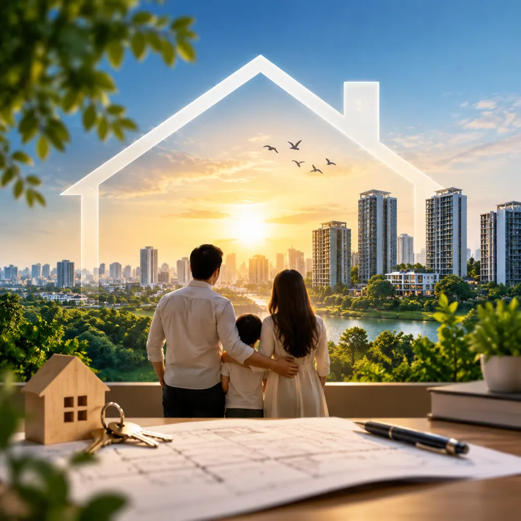 A family looking out over a green city skyline — AB Property brand story illustration